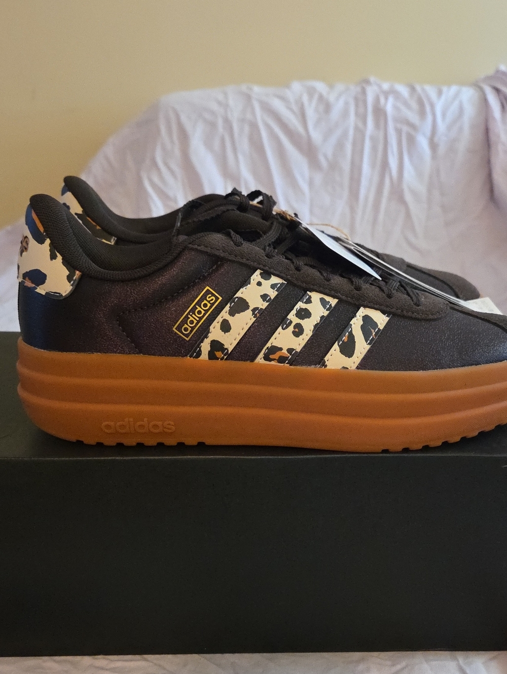 adidas VL Court Bold Black Platform Sneaker with Leopard-Pattern Stripes